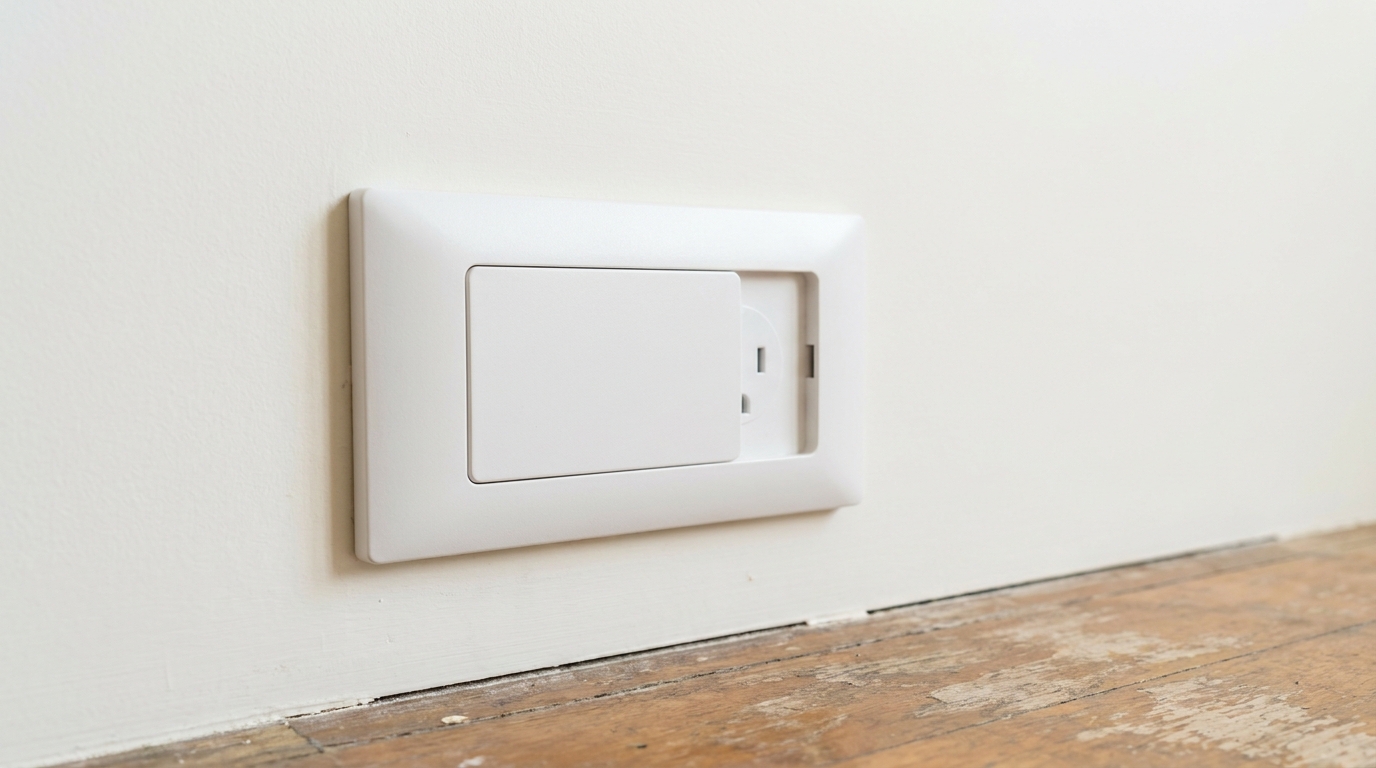 Wall electrical outlet fitted with a sliding safety cover plate in the closed position.