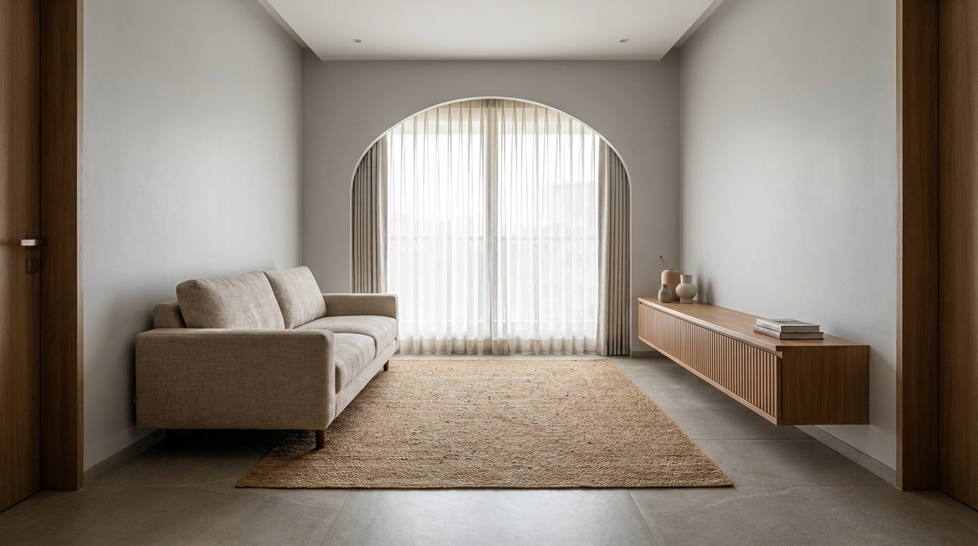 Floating furniture layout pulled away from walls in an Indian living room.