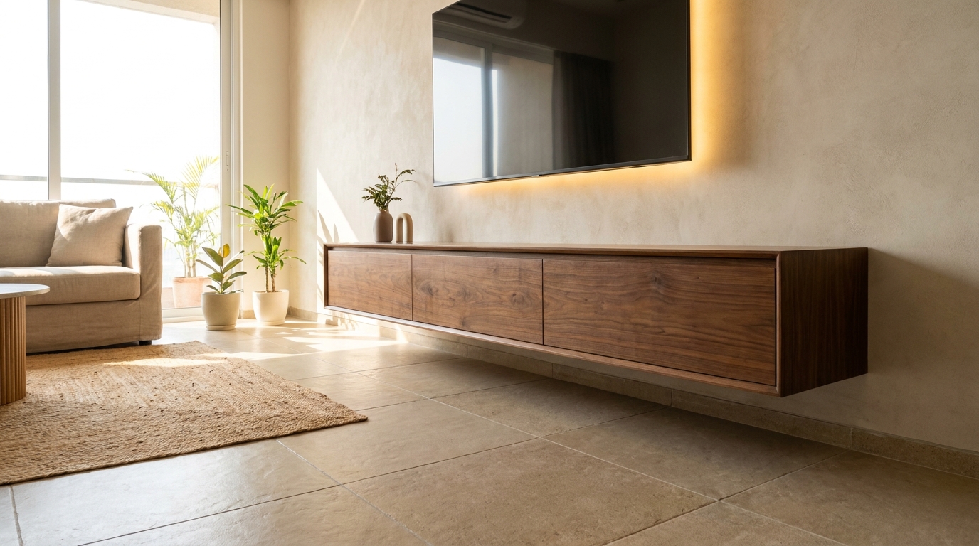 Floating wall-mounted TV console with a warm backlit panel in an Indian apartment living room.