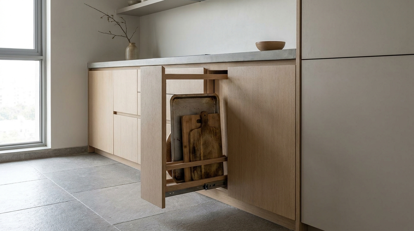 Slim pull-out rack for chopping boards and trays in a modern Indian kitchen.