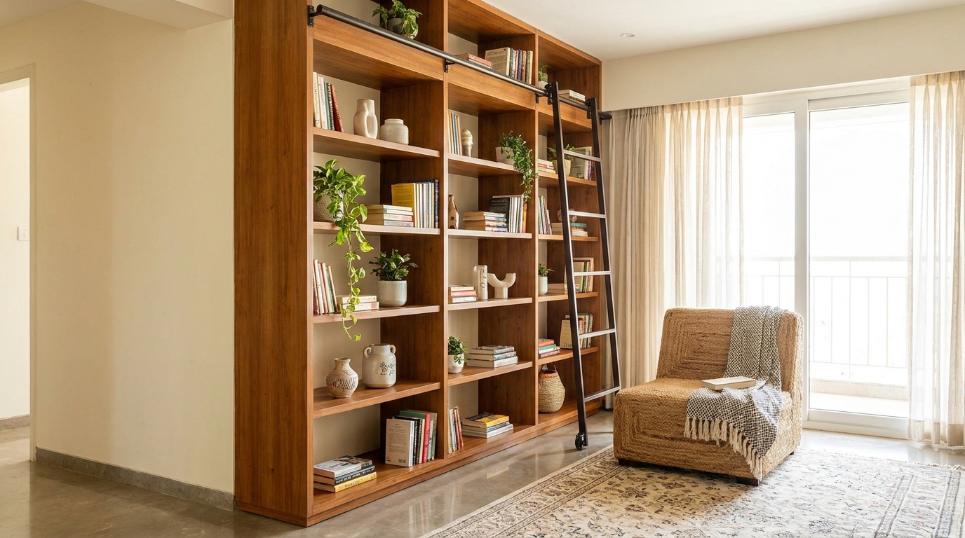 Tall narrow shelving unit with a sliding library ladder in a compact Indian apartment living room.