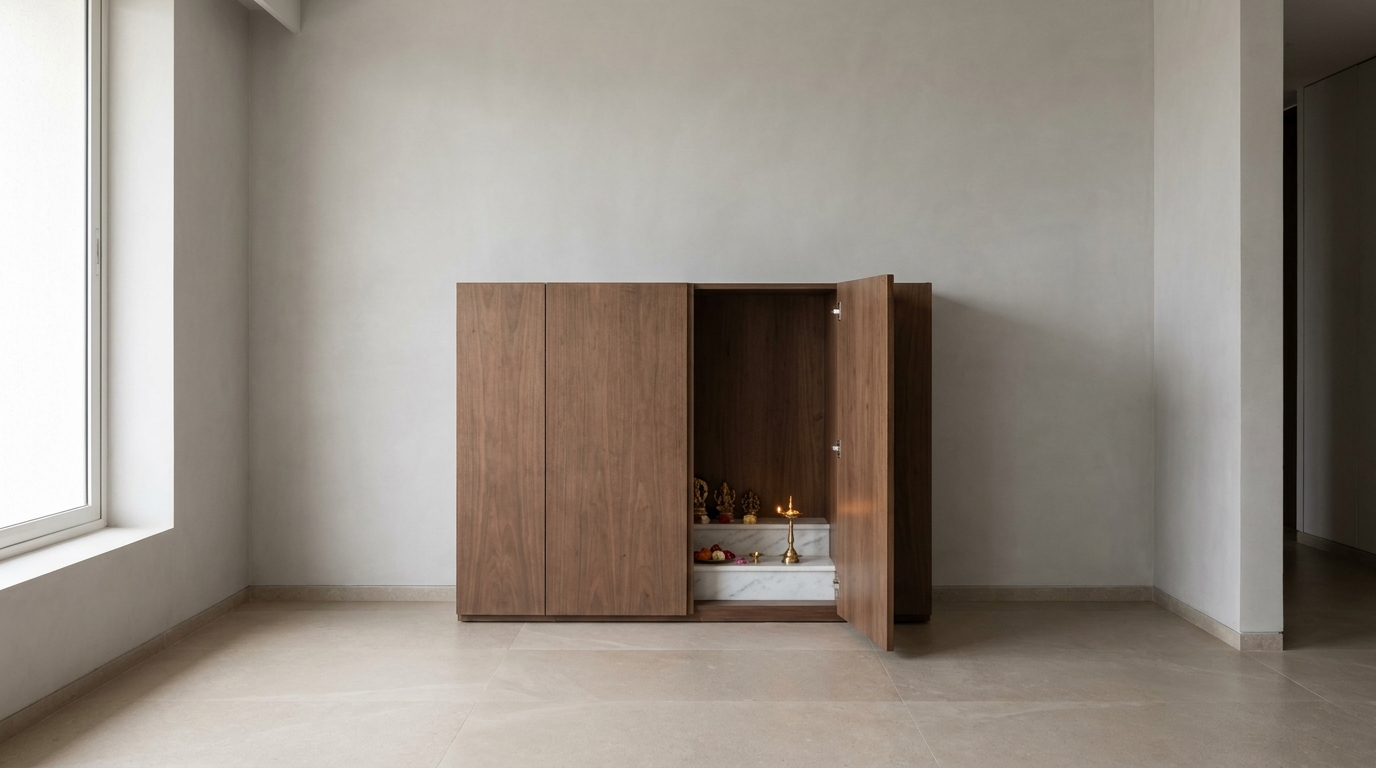 Closed cabinet mandir with matte wood doors in an Indian apartment.