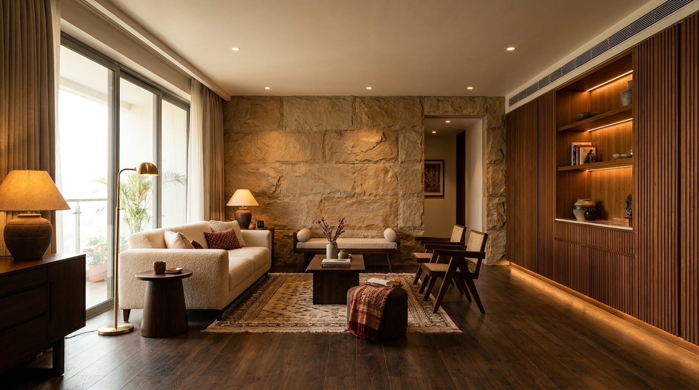 Premium Indian apartment living room with a natural stone accent wall, engineered wood flooring, and custom fluted wood panelling.
