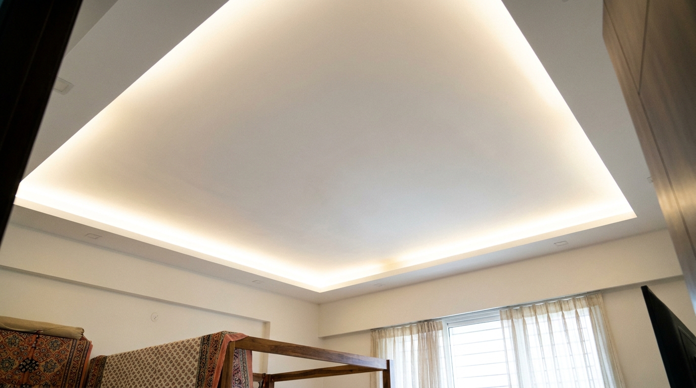 Gypsum board false ceiling with a straight-edged perimeter cove and warm white cove lighting.