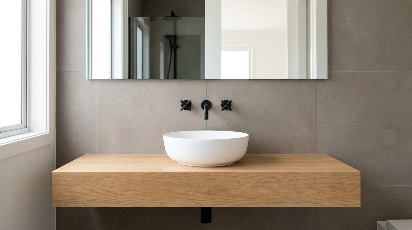 An ergonomically designed bathroom vanity area showing a white vessel basin on an oak counter with a large rectangular mirror and matte black tap mounted at a comfortable custom height.