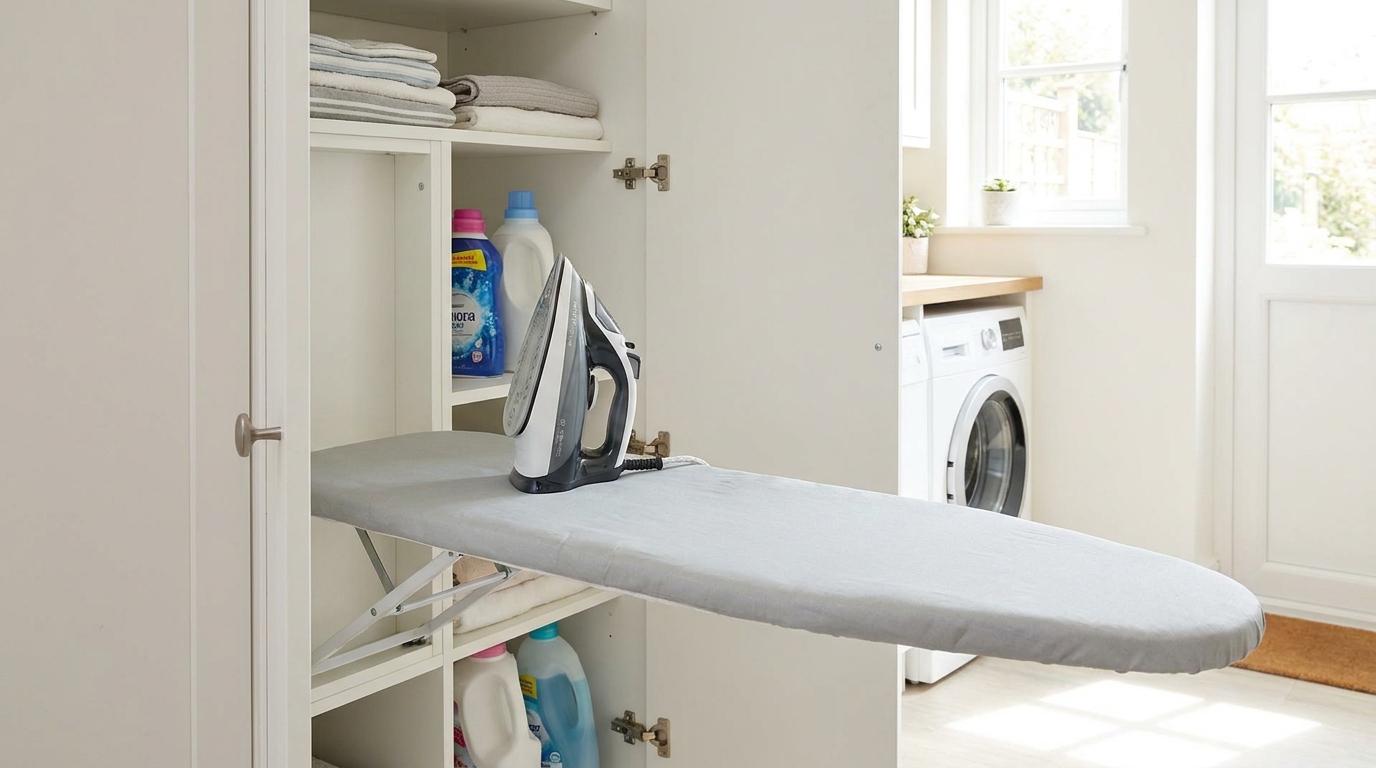 Fold-down ironing board built into a cabinet door, shown extended with an iron resting on it.