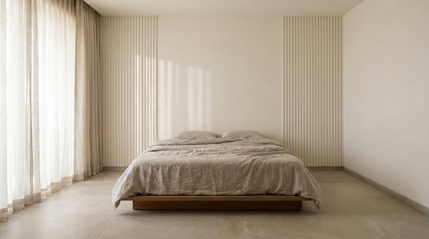 Bedroom headboard wall with fluted pilaster moulding added in an Indian apartment.