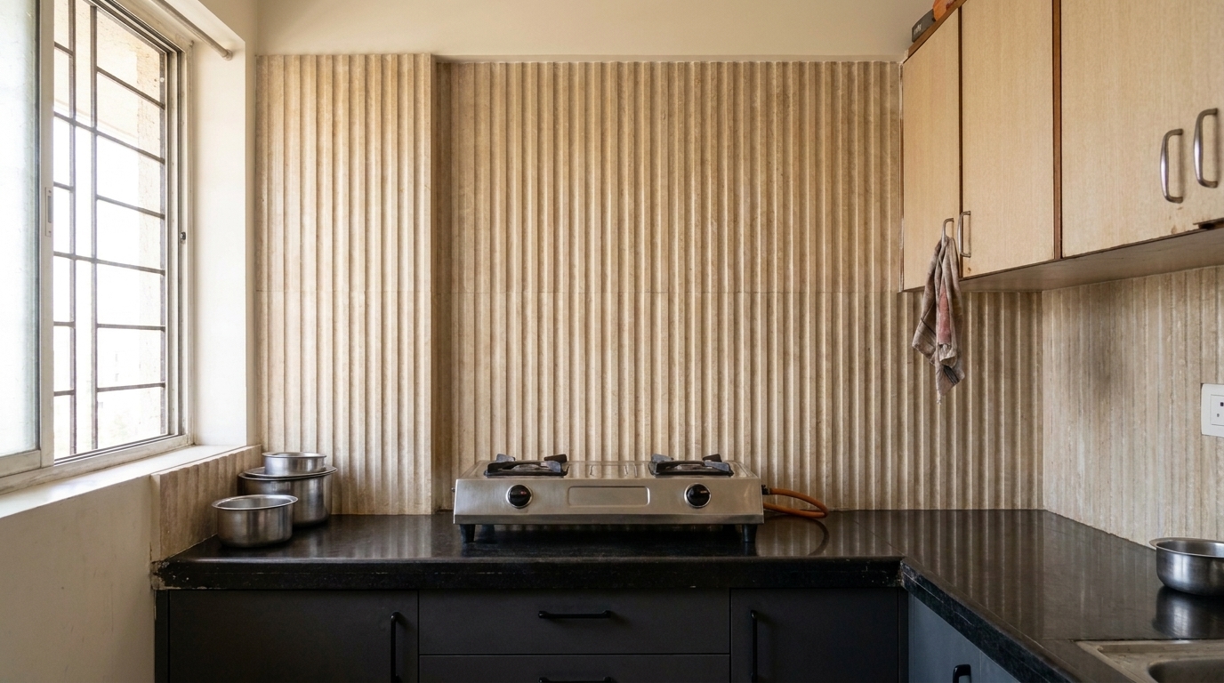 Fluted natural stone panel backsplash behind the hob in a renovated Indian apartment kitchen, with dark charcoal cabinets below.