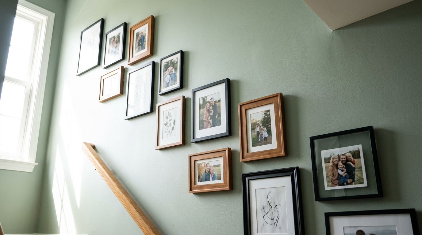 Gallery wall of framed photos and prints arranged along a staircase wall in a staggered layout.