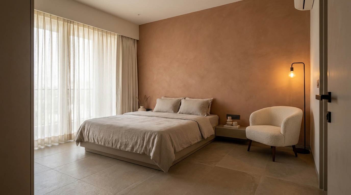 Indian master bedroom with textured accent wall and separate reading nook.