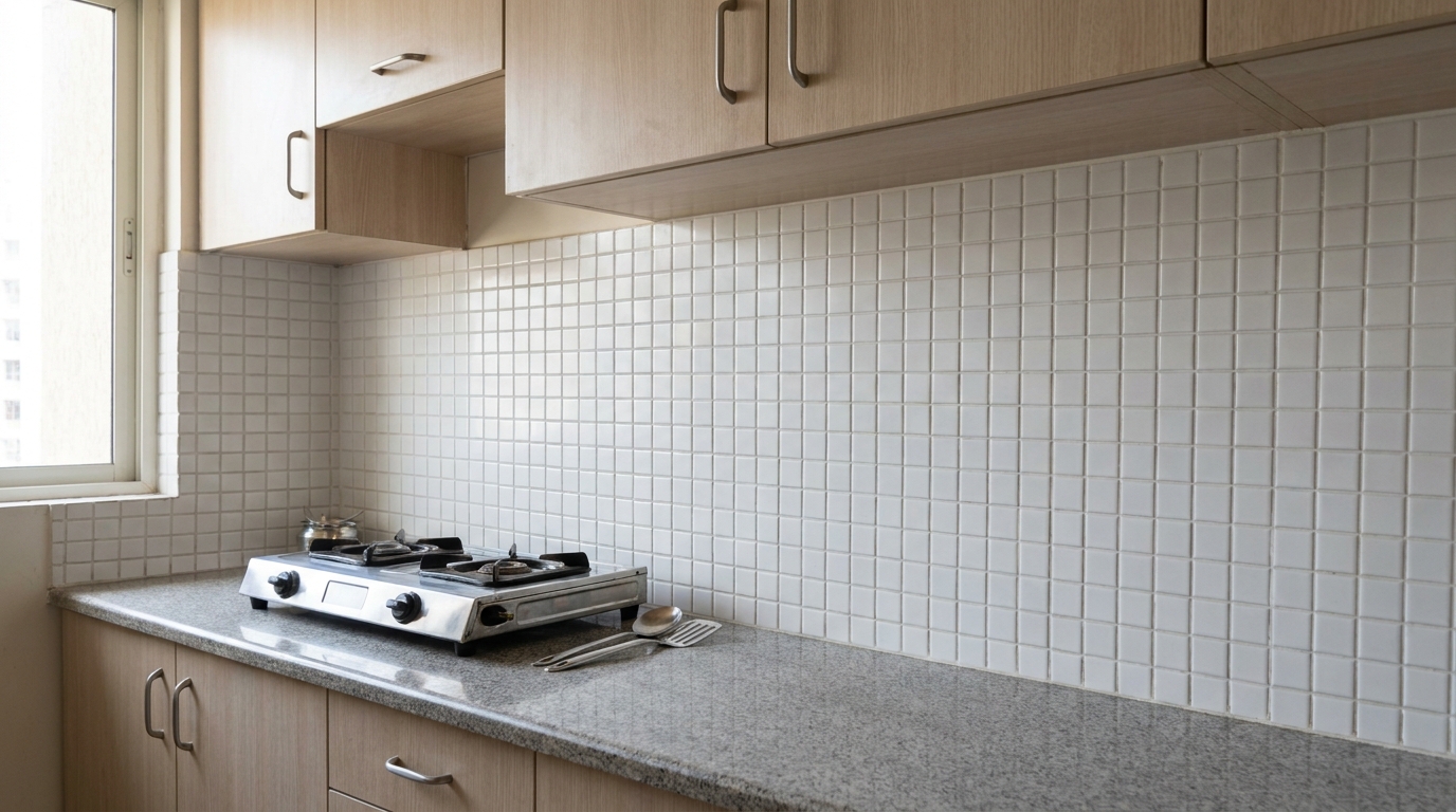 Neat, functional white grid tile backsplash in a well-maintained Indian apartment kitchen before renovation.