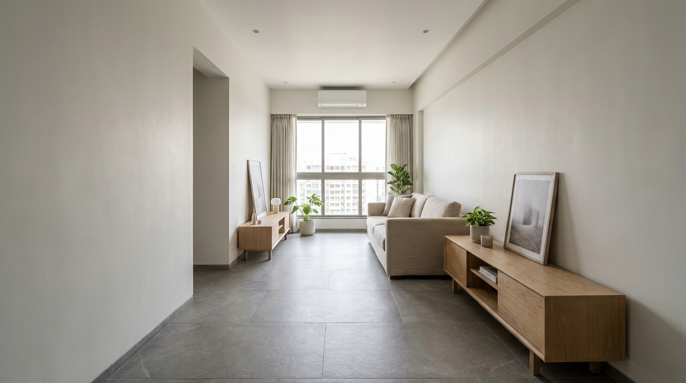 Furniture arranged along one long wall in a narrow Indian living room.