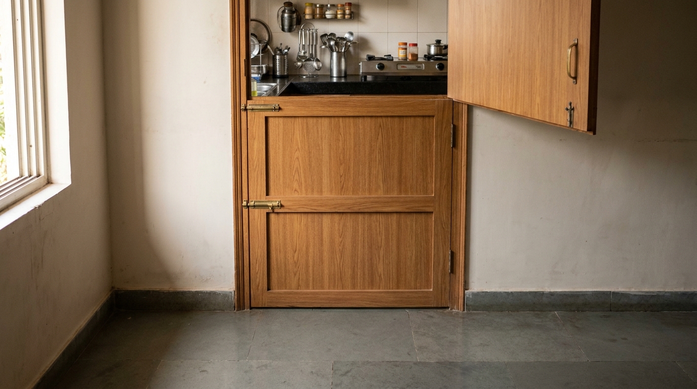 Dutch door with the top half open into an Indian apartment kitchen, warm oak wood finish with a brass mid-rail latch.