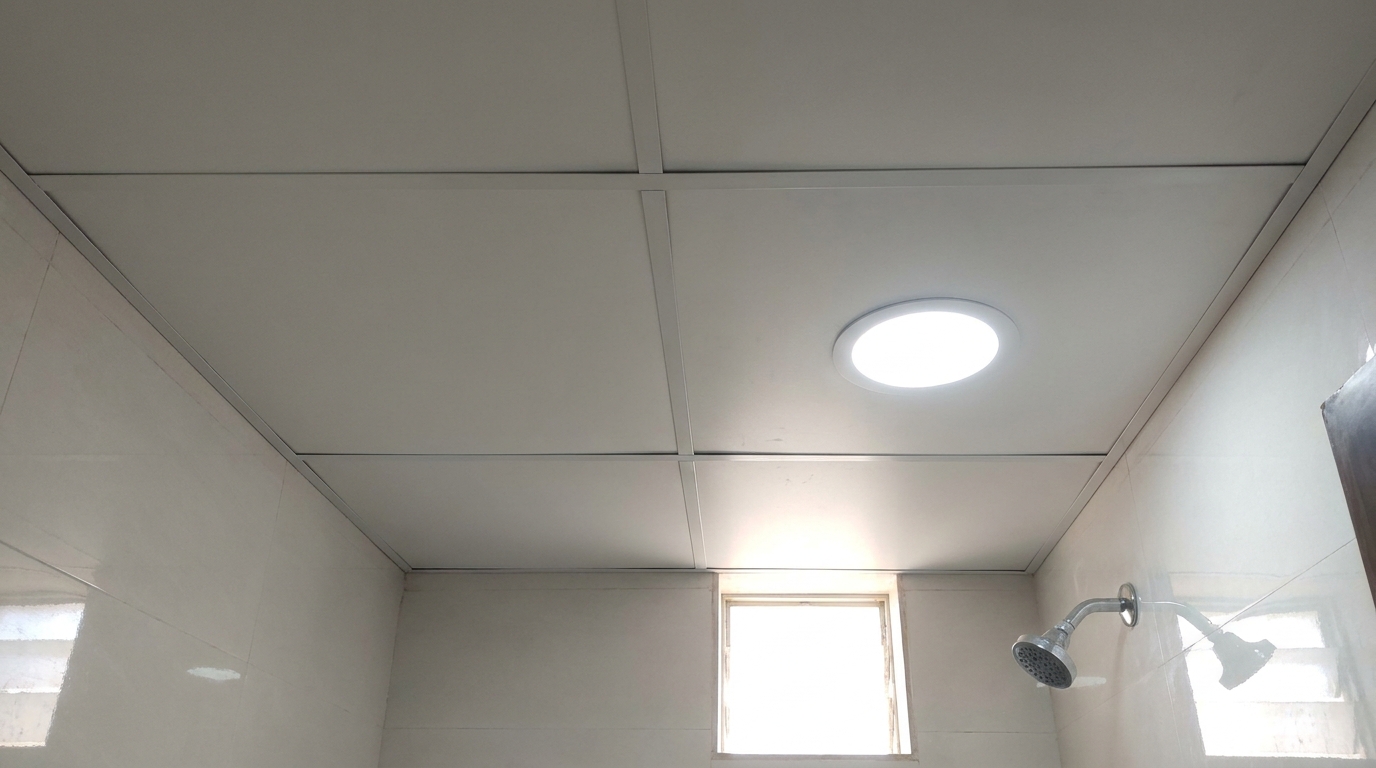 Flat white PVC panel false ceiling with a waterproof downlight, installed in a bathroom.