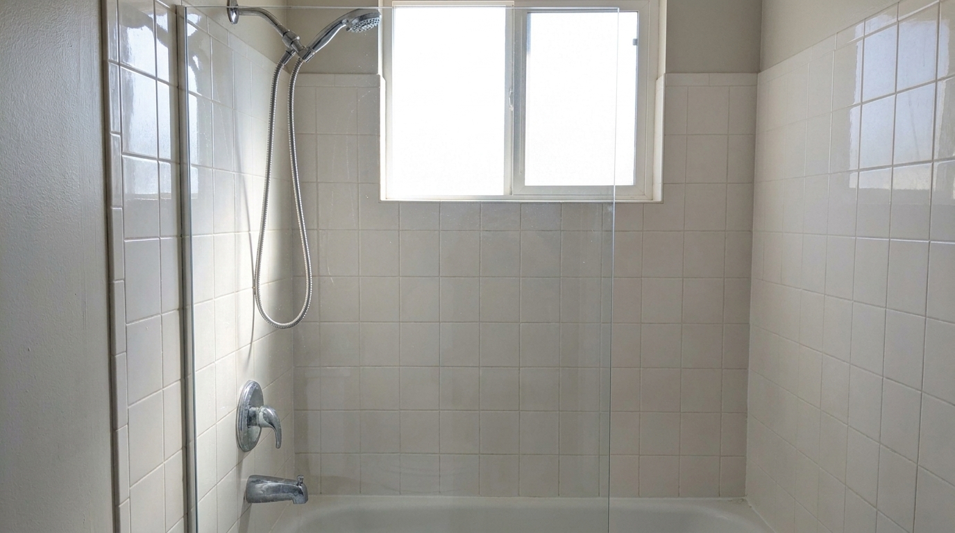 Frameless glass panel fitted in a bathroom shower opening, replacing a plastic curtain.