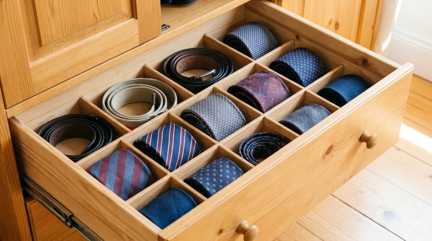 Ties and belts neatly organised in a divided tray insert inside a wardrobe drawer.