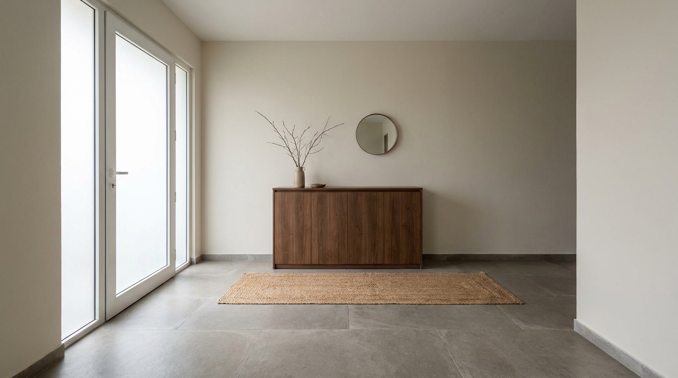 Closed walnut shoe cabinet in a modern Indian apartment entryway.