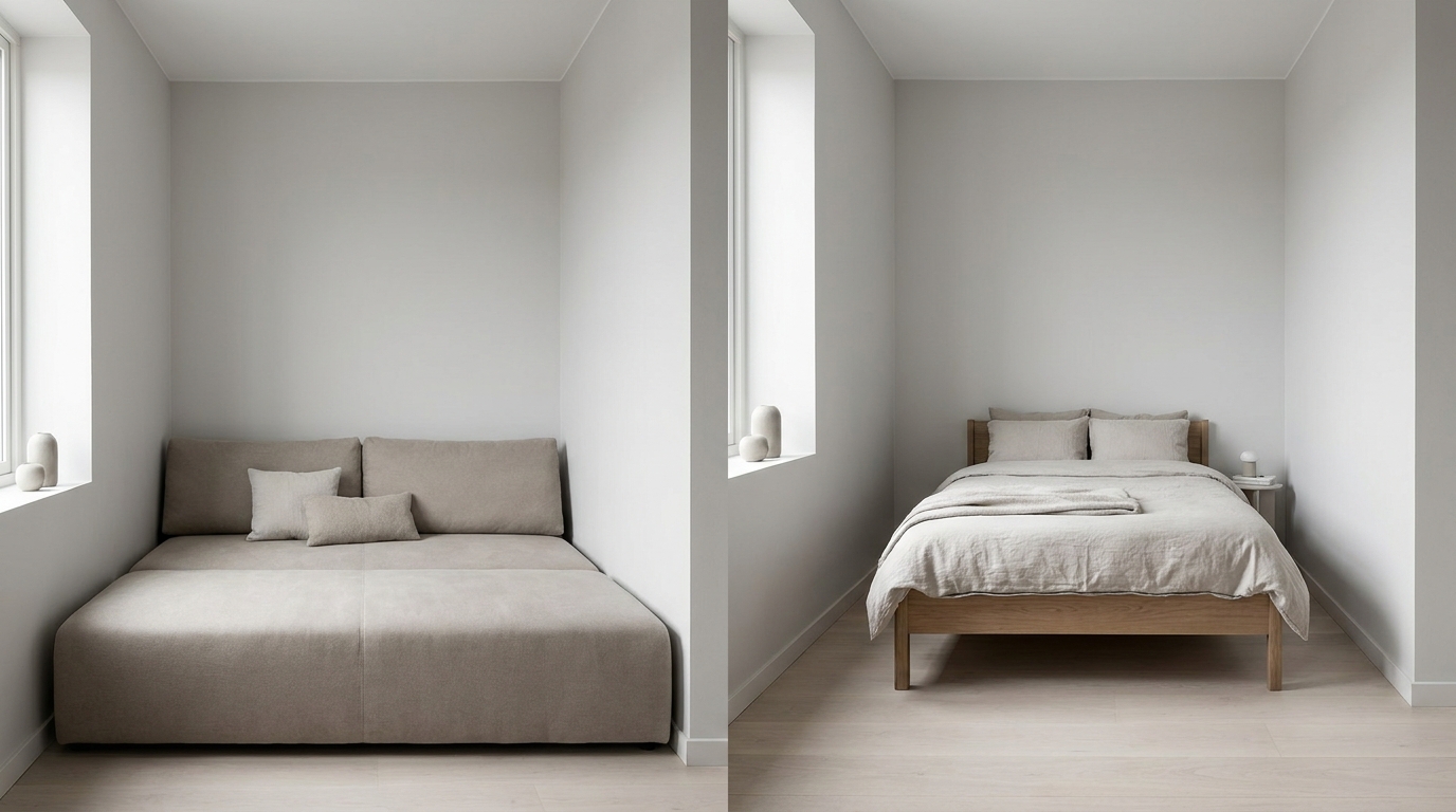 Comparison of an oversized sofa crowding a small room next to a correctly-scaled piece with breathing room around it