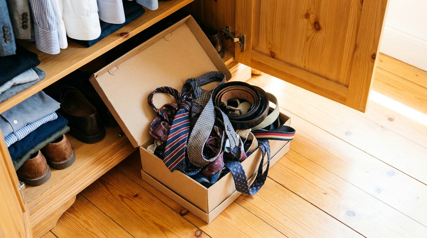 Ties and belts tangled loosely in an open shoebox inside a wardrobe.