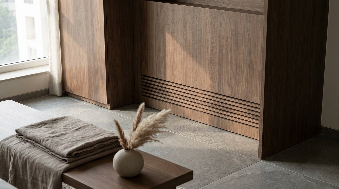 Ventilation slats built into a wardrobe back panel, angled editorial shot.