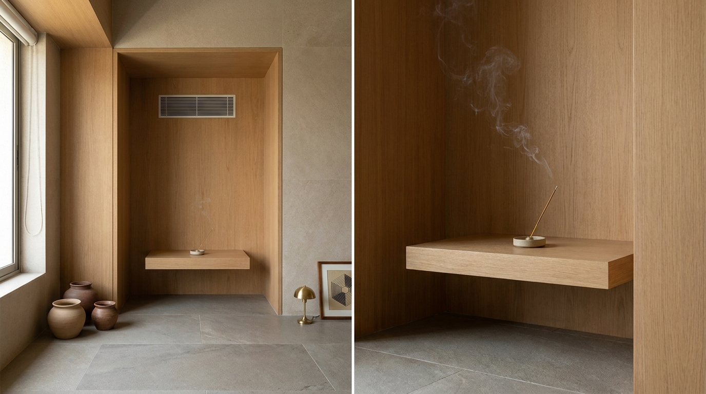 Pooja room with ventilation grille for incense smoke in an Indian apartment.