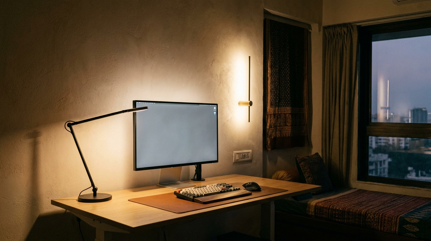 Modern Indian home office at dusk with a side-positioned desk lamp illuminating the workspace and a wall-mounted sconce providing face-level fill light, ceiling light off, monitor evenly lit with no screen glare