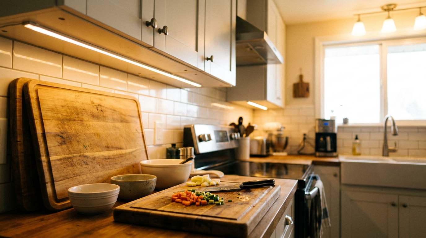 Kitchen counter with warm LED task lighting installed under the upper cabinets, illuminating the prep area.