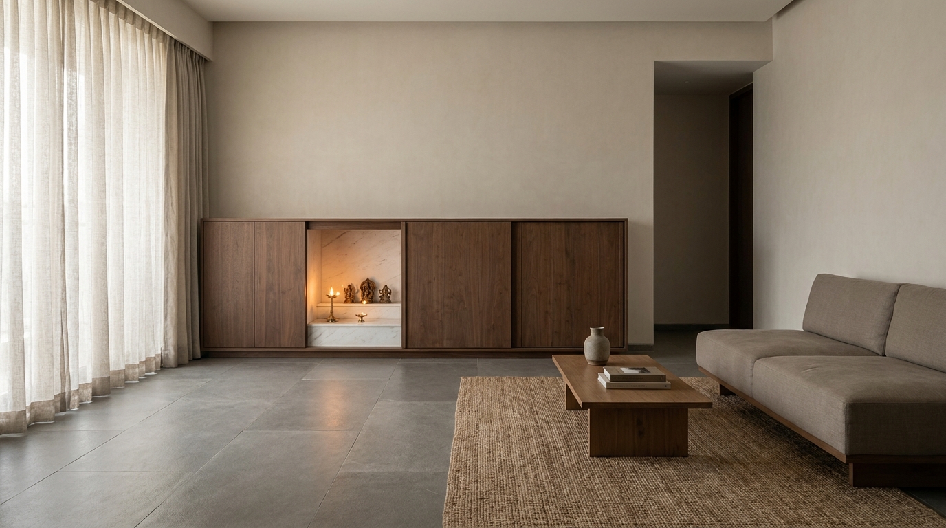 Closed cabinet mandir with matte wood doors in an Indian apartment.