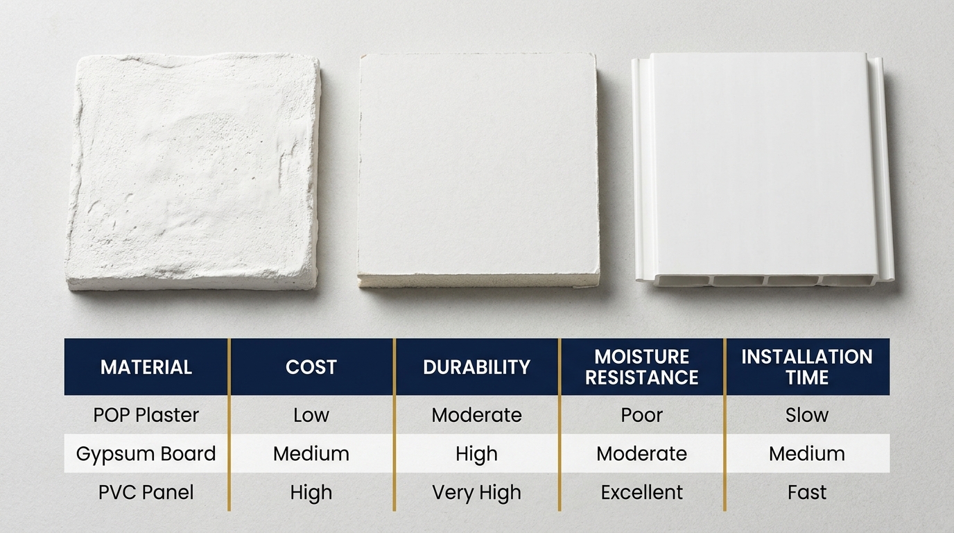 Three false ceiling material samples — POP, gypsum board, and PVC panel — arranged side by side for comparison.