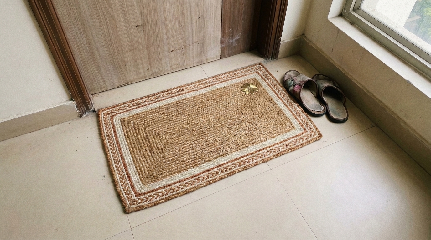 Thick woven jute doormat with a patterned border positioned in front of an apartment door.
