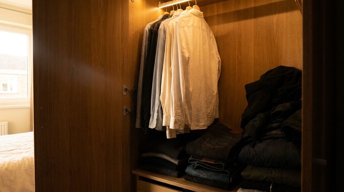 Wardrobe interior evenly lit by a warm LED strip installed along the top edge.