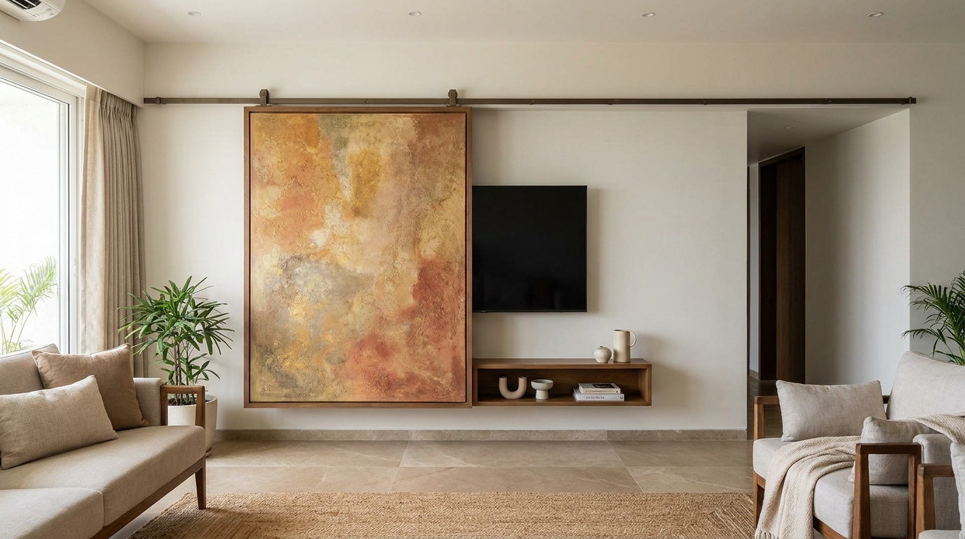 Framed art panel on a sliding track concealing a television in an Indian apartment living room.