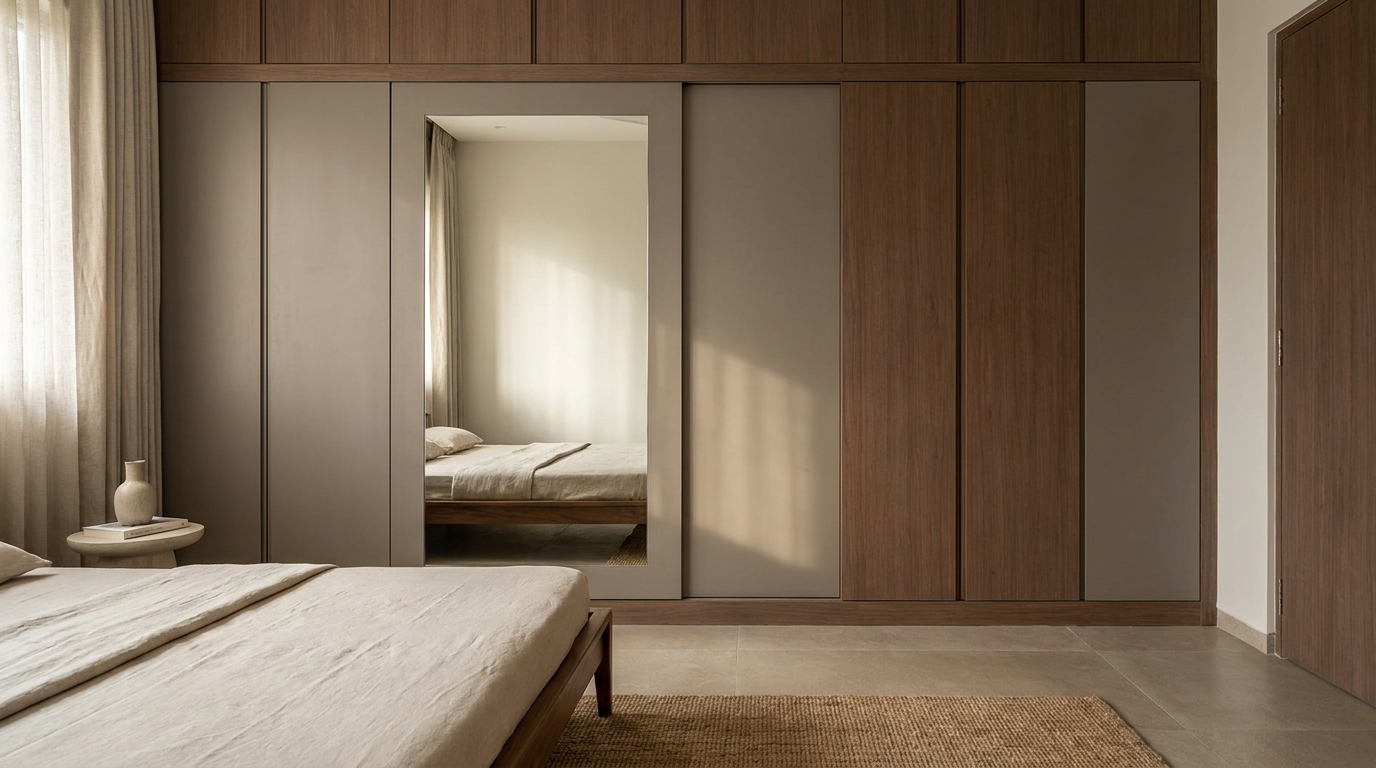 Wardrobe shutter with built-in full-length mirror, angled editorial shot.