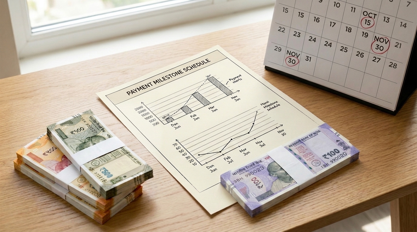 Printed payment milestone schedule beside a desk calendar with circled dates and stacked rupee notes on a table.
