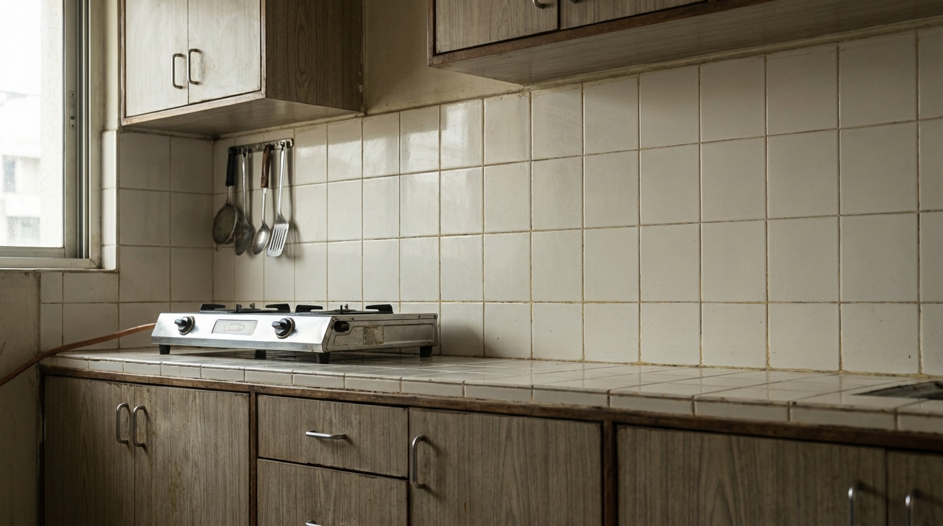 Plain off-white ceramic tile backsplash with yellowed grout in an Indian apartment kitchen before renovation.