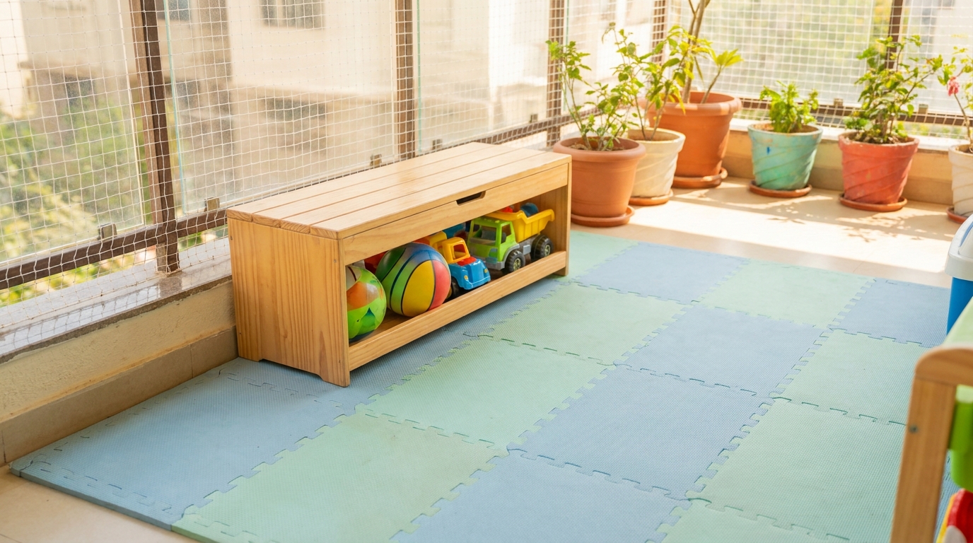 Kids' play corner with soft flooring and safety netting on an Indian apartment terrace.