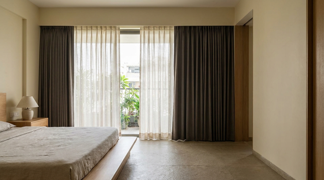 Layered sheer and blackout curtains in an Indian apartment master bedroom.