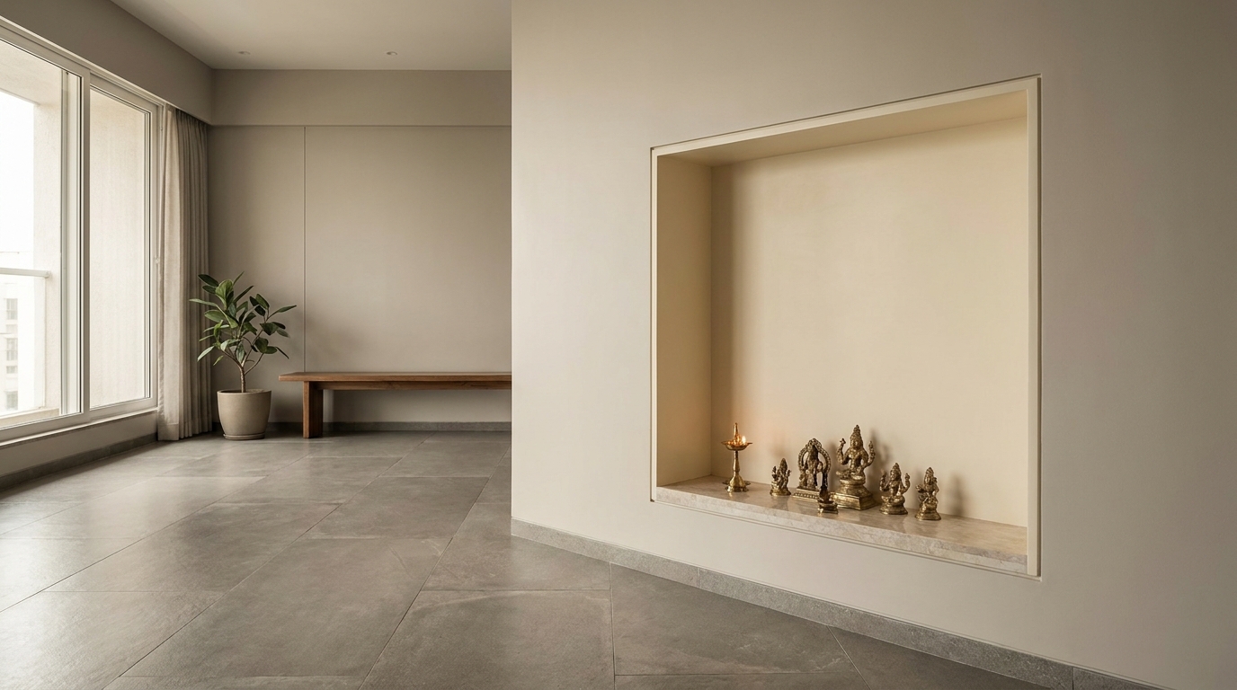Wall niche mandir built flush into an Indian apartment wall.