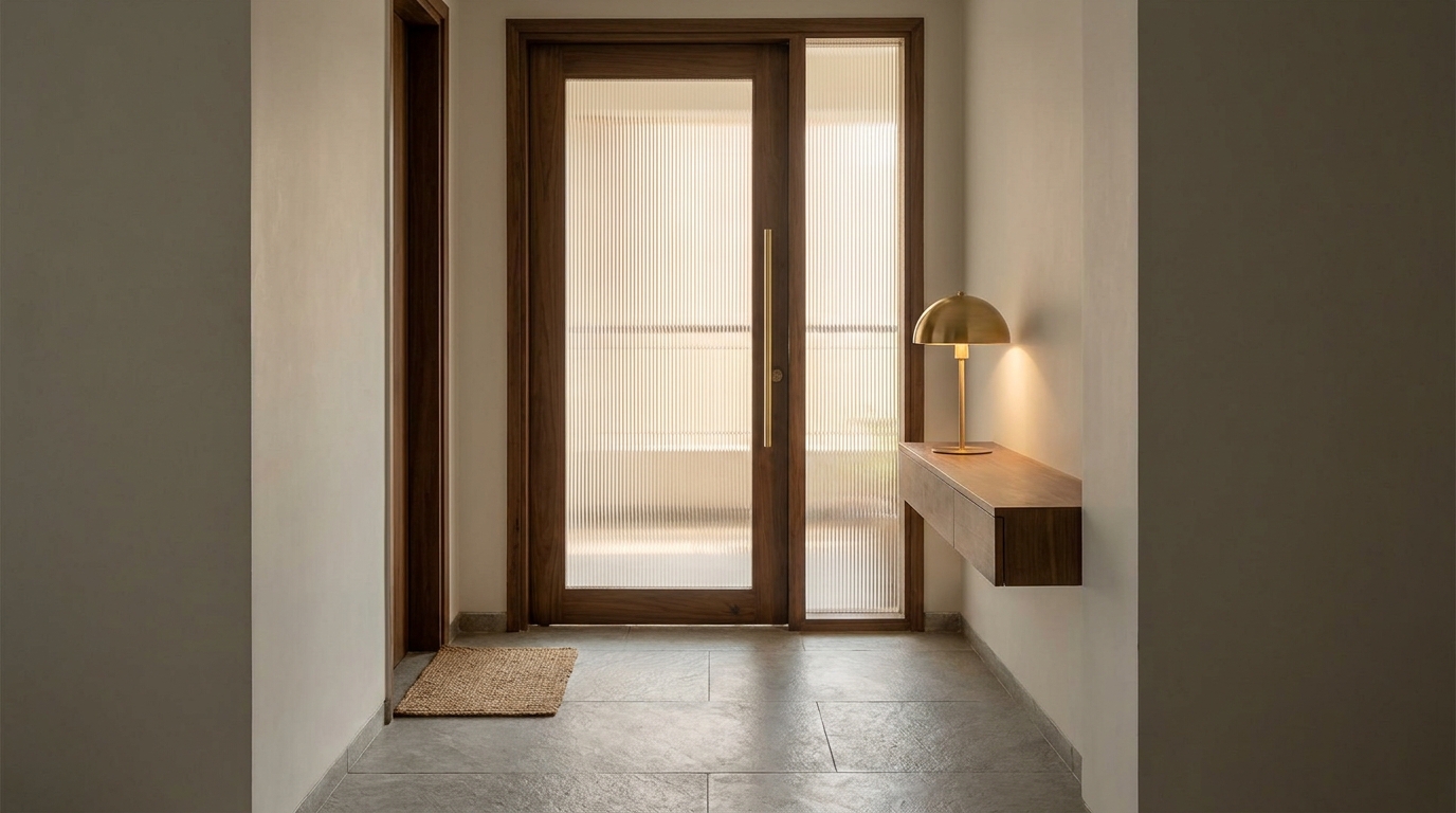 Fluted glass main door with walnut frame in a minimalist Indian apartment entryway, warm daylight diffusing through reeded glass texture.