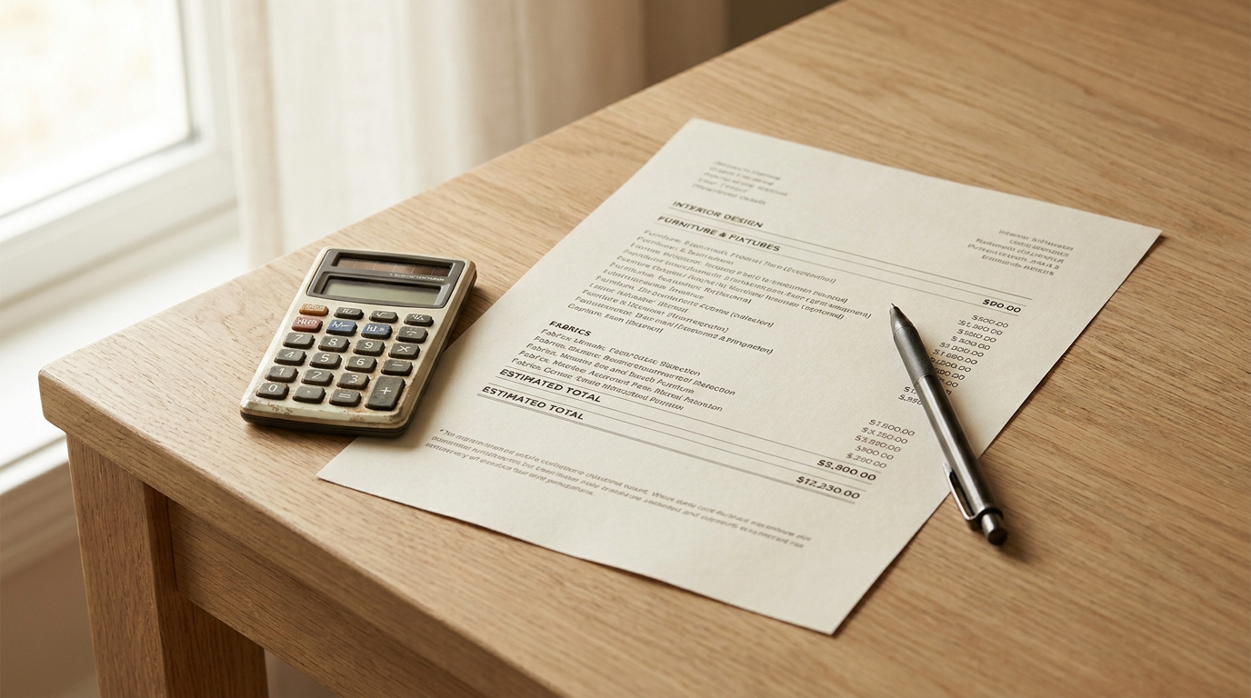 Printed itemised interior design quote document with a pen and calculator on a wood table.