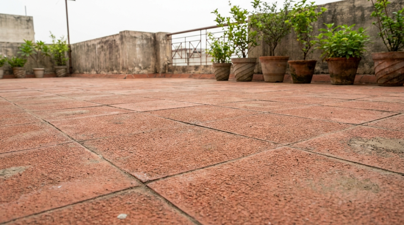 Basic plain terracotta ceramic tile flooring on an Indian apartment terrace before renovation.