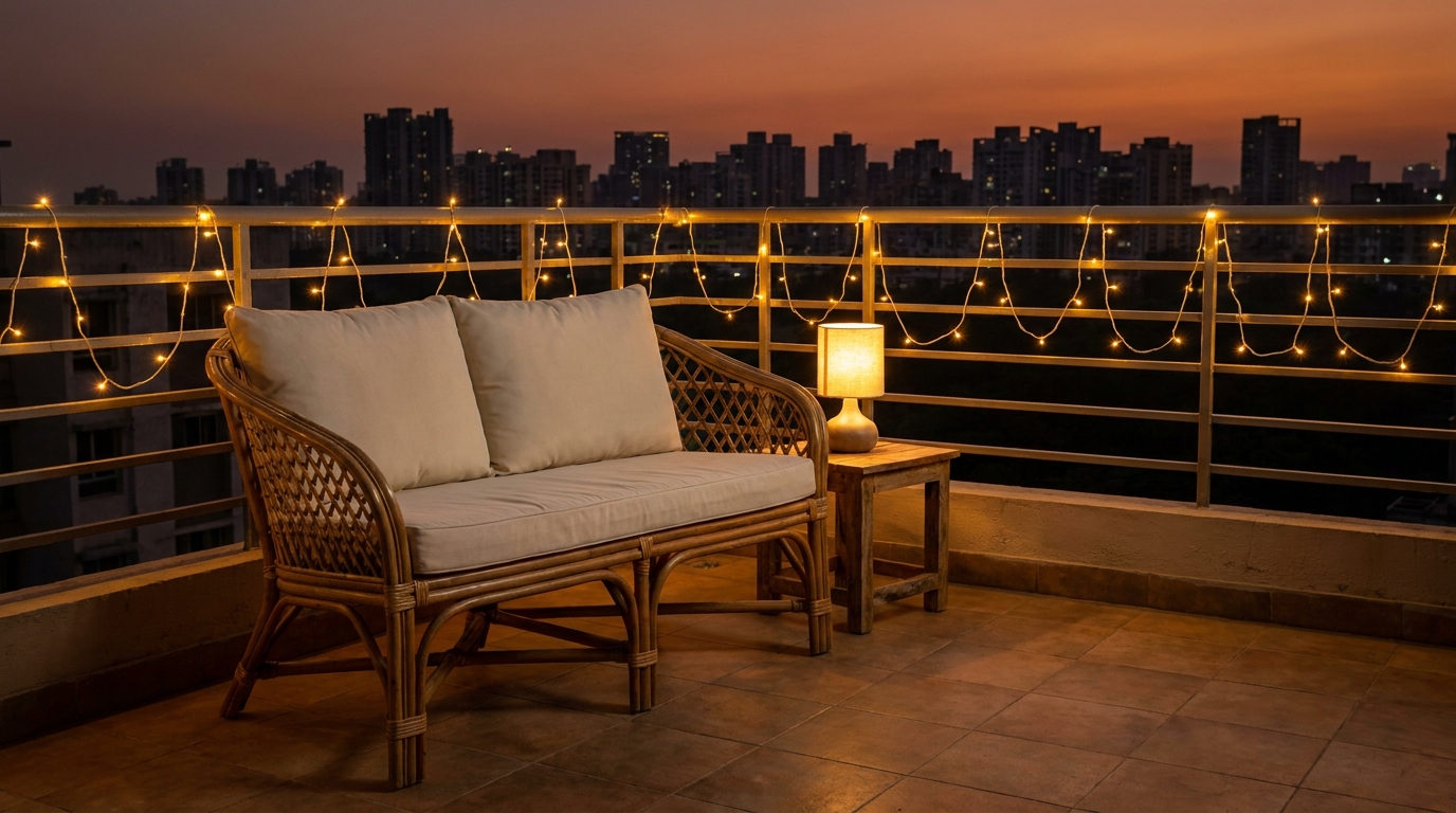 Terrace lounge seating lit with warm string lights at dusk in an Indian apartment.