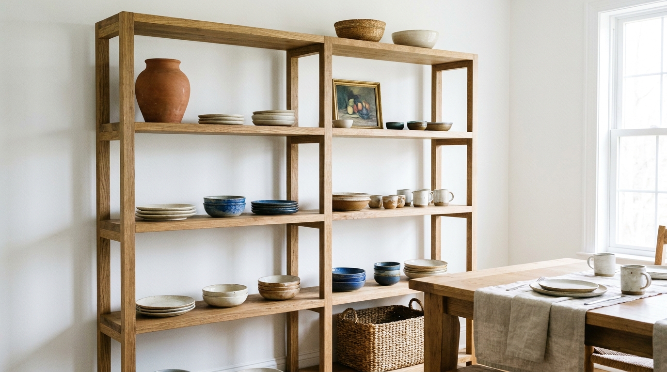 Open wooden wall shelving beside a dining table holding everyday ceramic plates and a few decorative pieces.