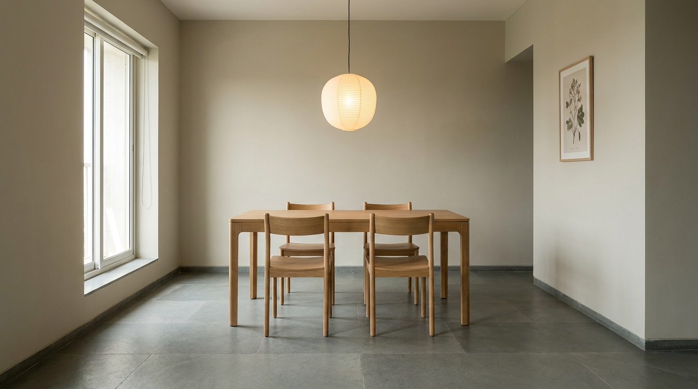 Pendant light correctly centered above a dining table in an Indian apartment.