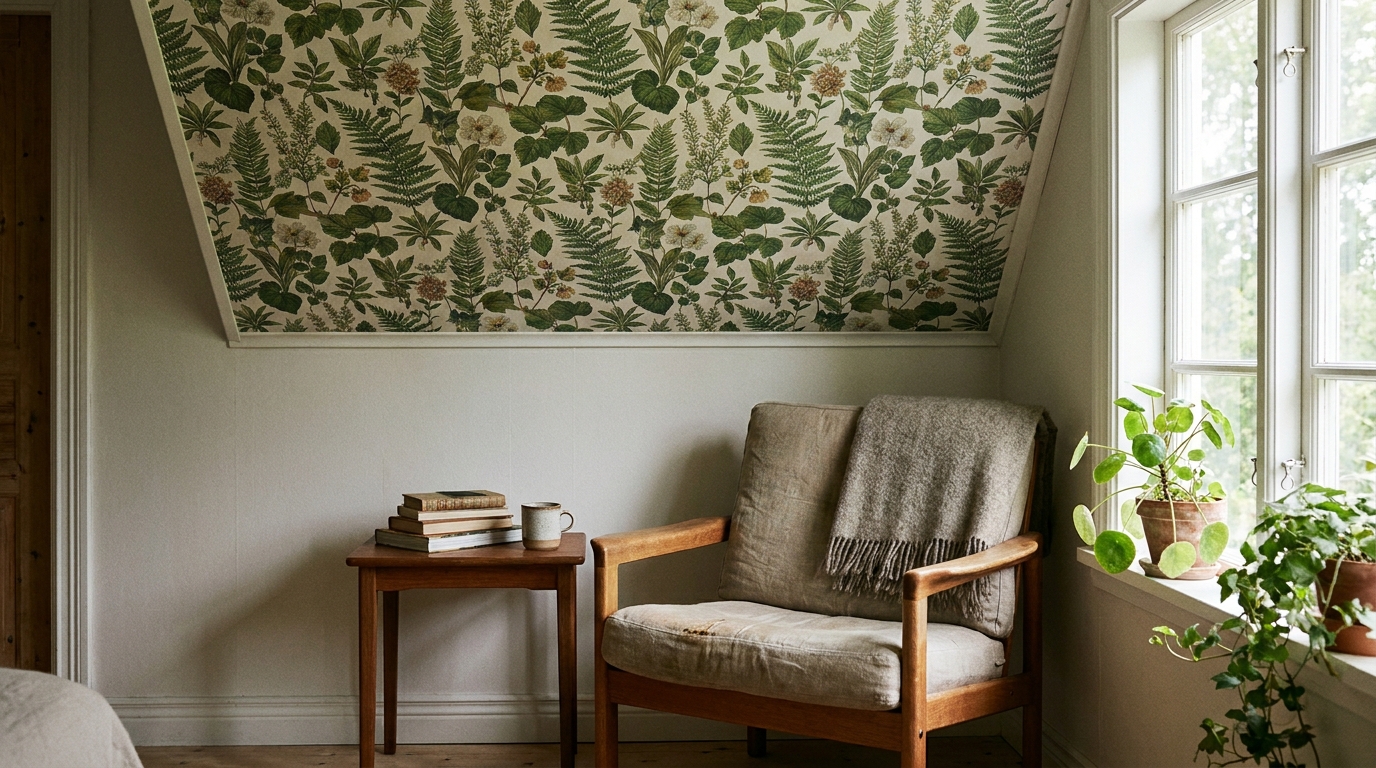 Reading nook with a botanical-print wallpapered ceiling above a wood armchair.