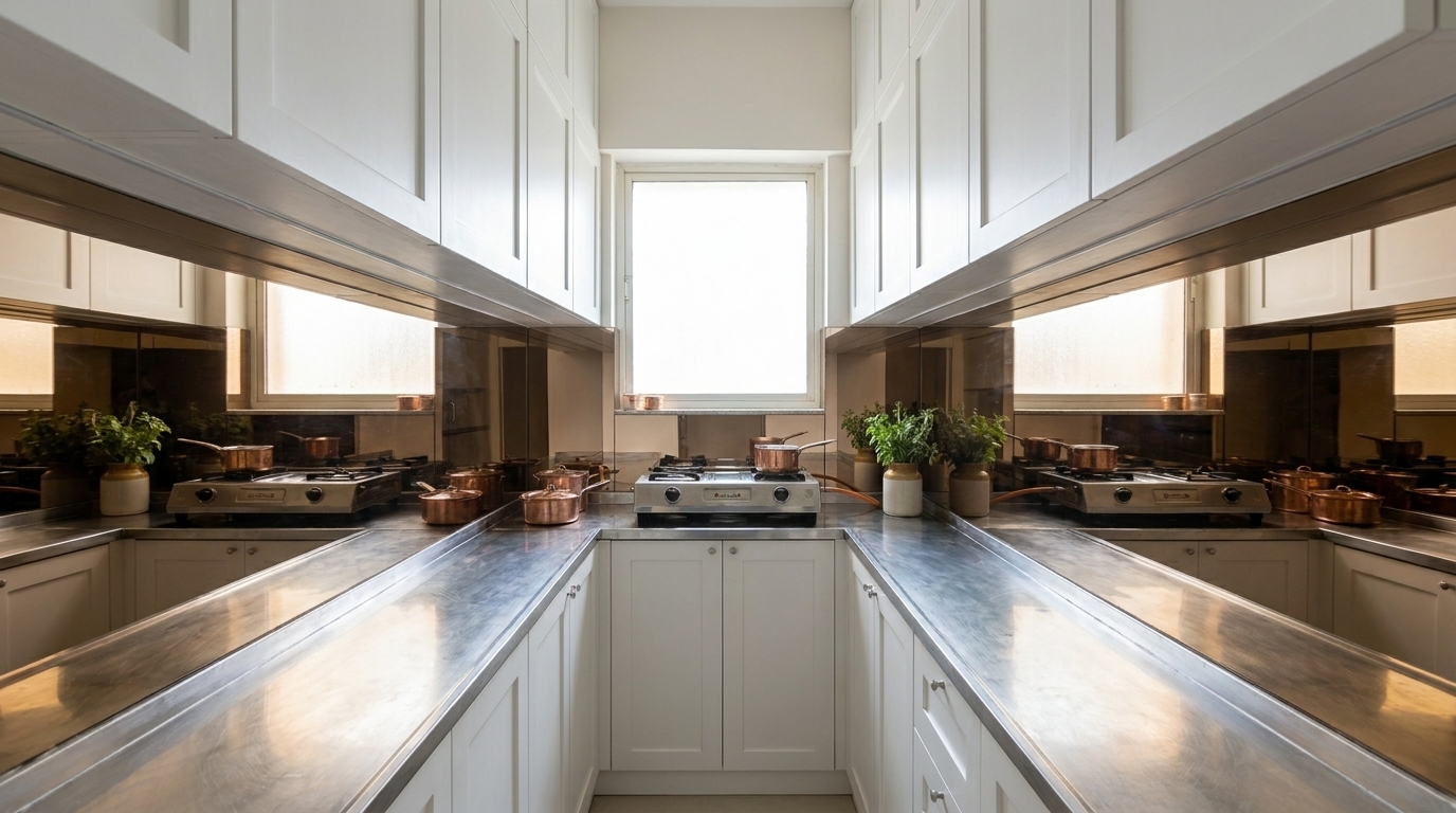 Seamless bronze-tinted mirrored glass backsplash in a renovated narrow galley Indian apartment kitchen, reflecting light down its length.