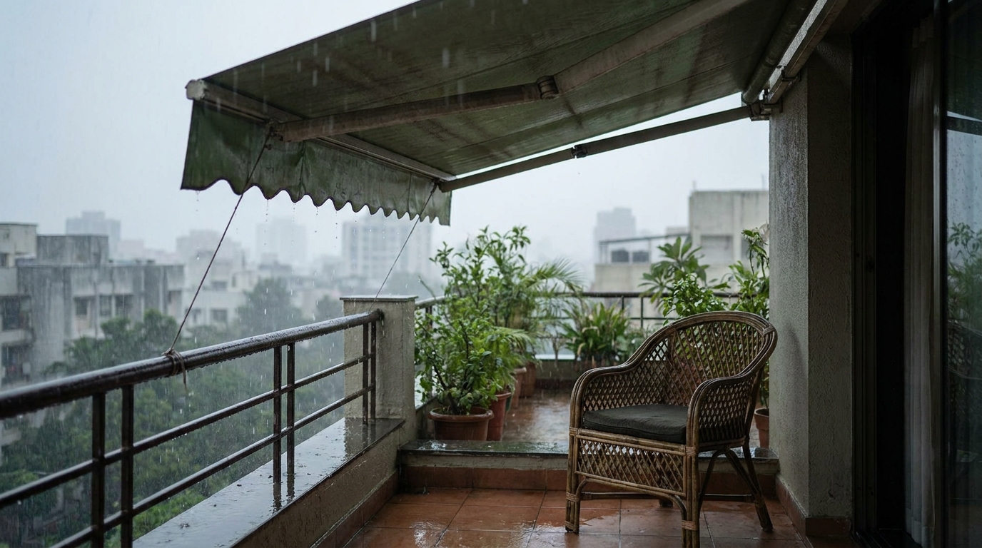 Covered terrace corner with awning during monsoon rain in an Indian apartment.