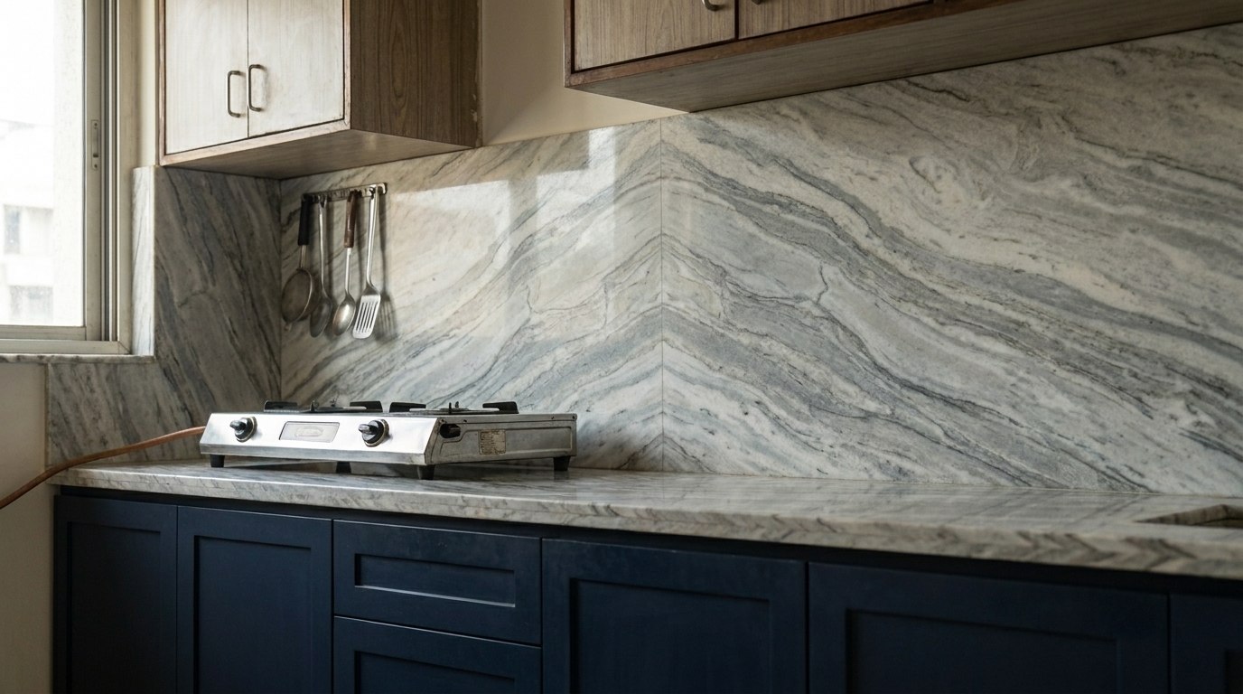 Bookmatched natural stone slab backsplash with symmetrical veining in a renovated Indian apartment kitchen, set against dark navy cabinets.