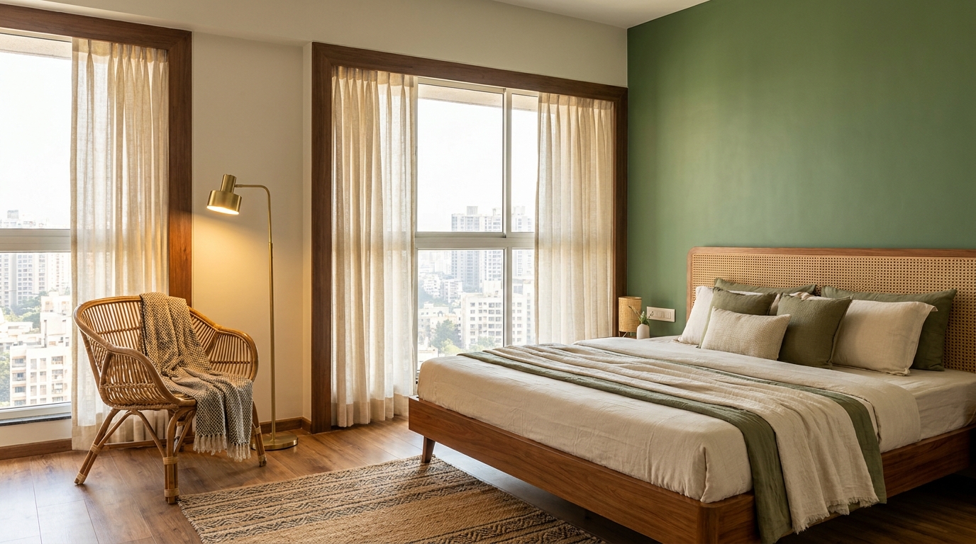 Indian bedroom with moss green accent wall and a reading nook.