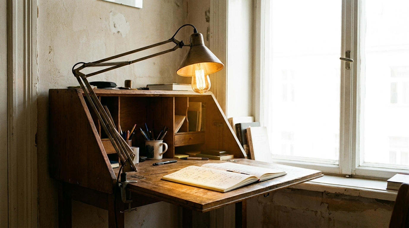 Desk lamp switched on, casting warm light directly onto an open notebook on a study desk.